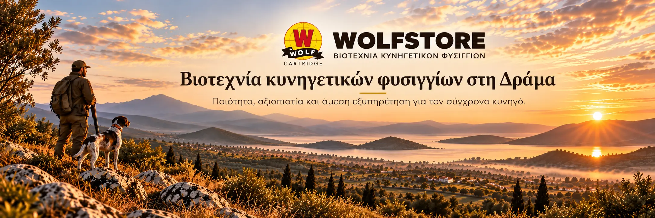 Πανοραμική εικόνα Wolfstore με κυνηγό και σκύλο σε ορεινό τοπίο